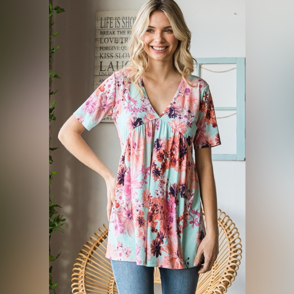 Heimish Full Size Floral V-Neck Short Sleeve Babydoll Blouse